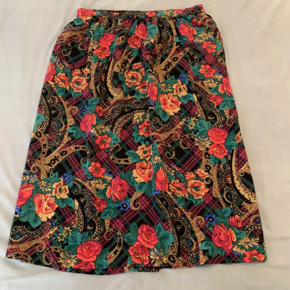 Vintage Alfred Dunner Skirt Womens 14 Multicolor Floral A-Line Midi Elastic 80s